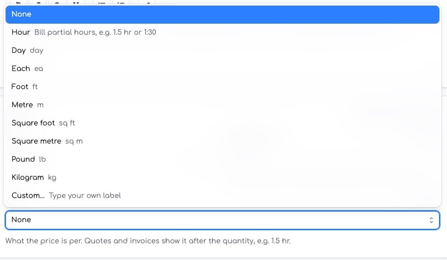 Unit type dropdown showing Hour, Day, Each, Foot, Square foot and custom options