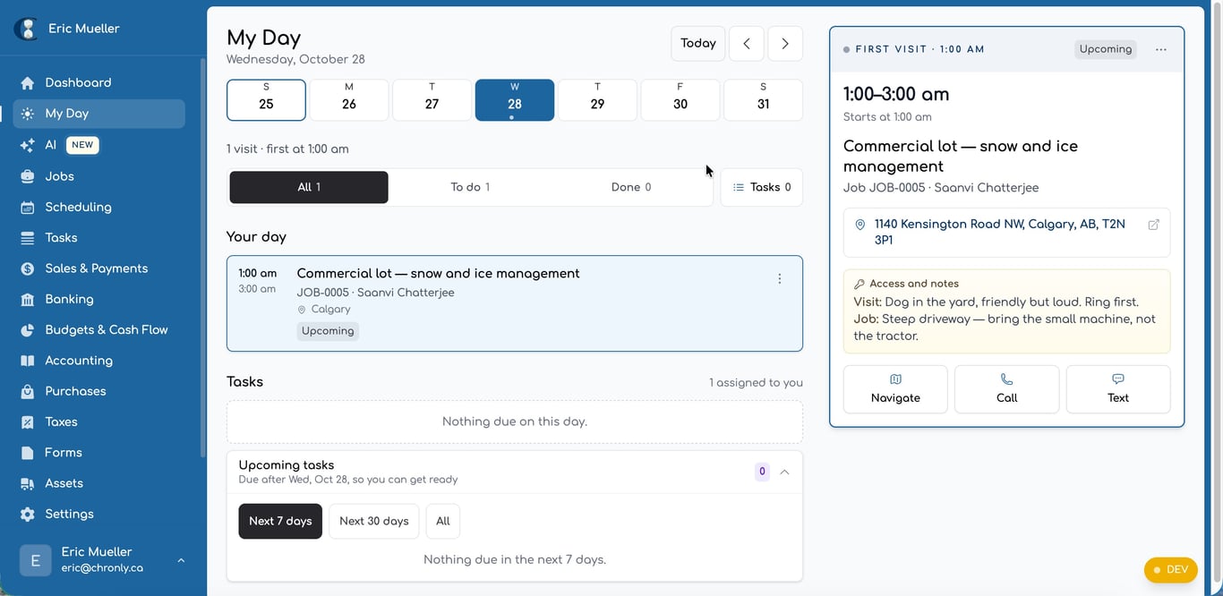 The My Day screen showing a calendar strip, a scheduled visit, and job details with navigate, call, and text buttons