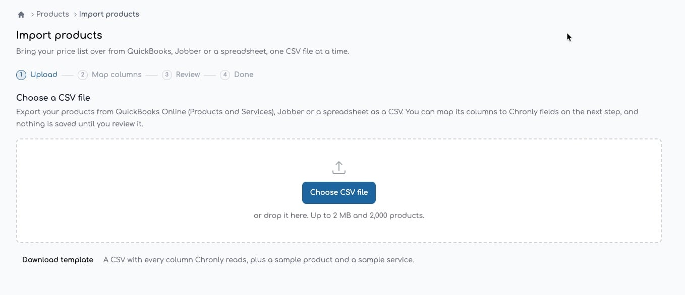 Import products wizard showing the Upload, Map columns, Review and Done steps