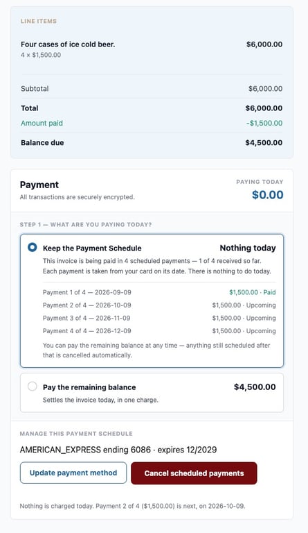Invoice pay screen after a schedule is set up, showing paid and upcoming payments and a cancel option