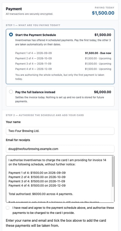 Customer payment screen offering to start the payment schedule or pay the full balance
