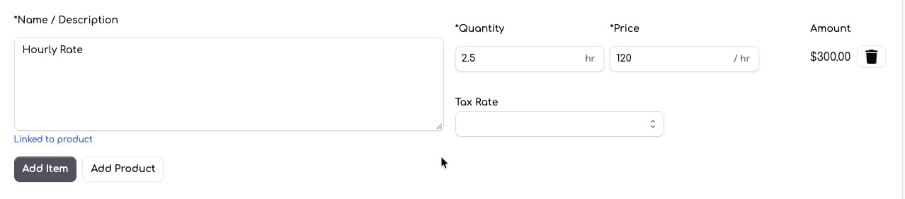 Invoice line item showing 2.5 hr quantity at $120 per hour totalling $300