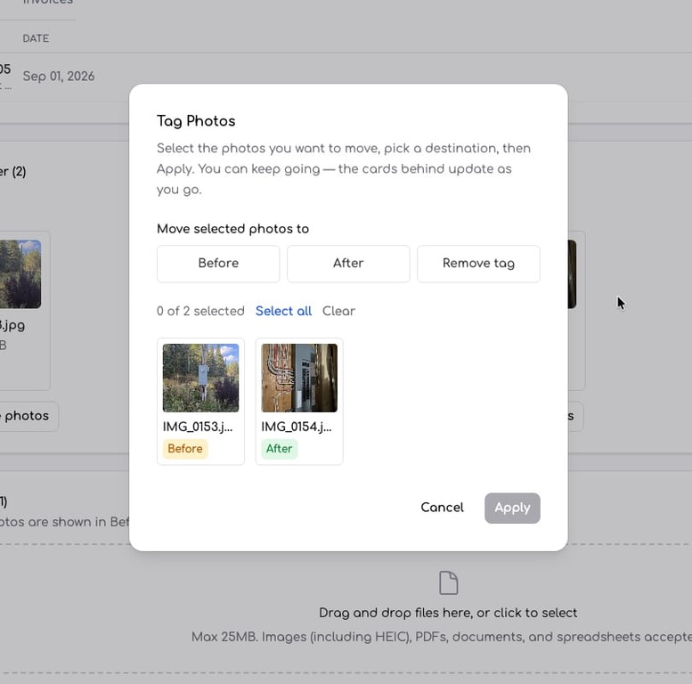 Tag Photos dialog showing photos selected and buttons to move them to Before, After, or remove the tag