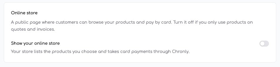 Online store settings panel with a Show your online store toggle switched off