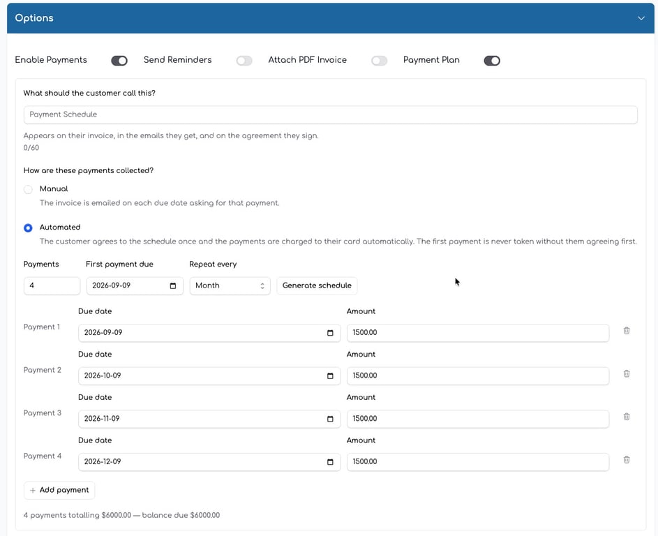 Payment schedule setup under Options on the invoice page, showing four generated payments