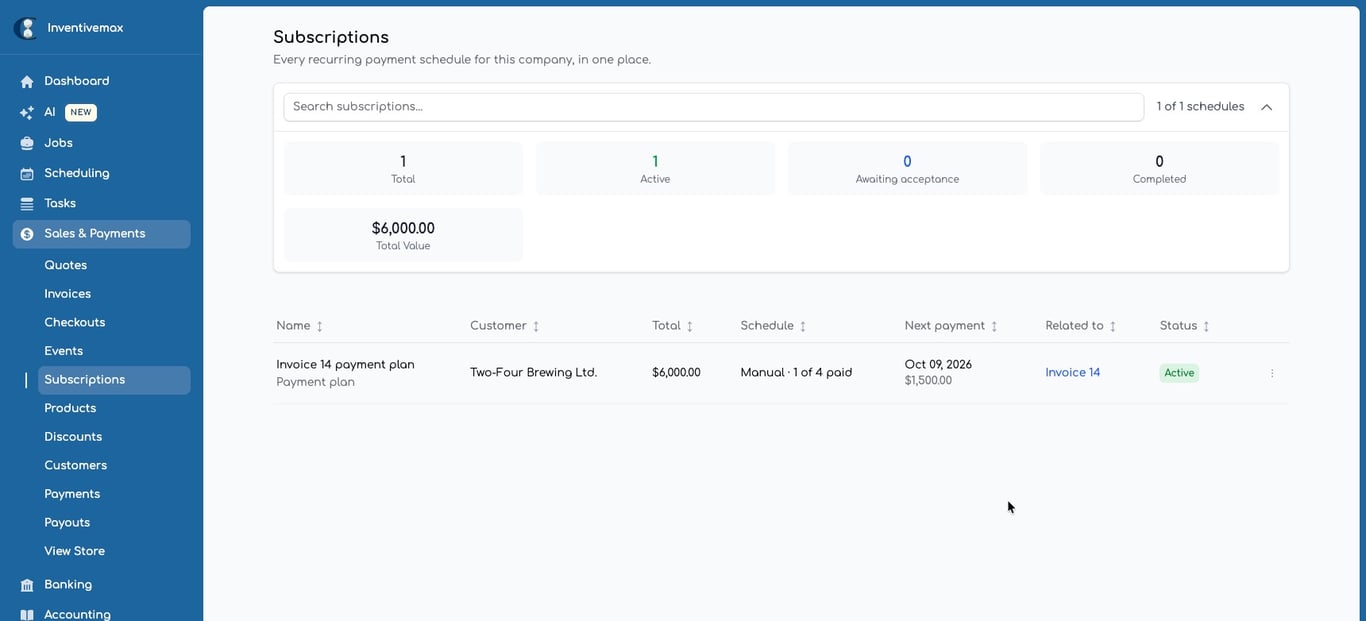 Subscriptions list showing an active payment plan, its customer, total value, and next payment date