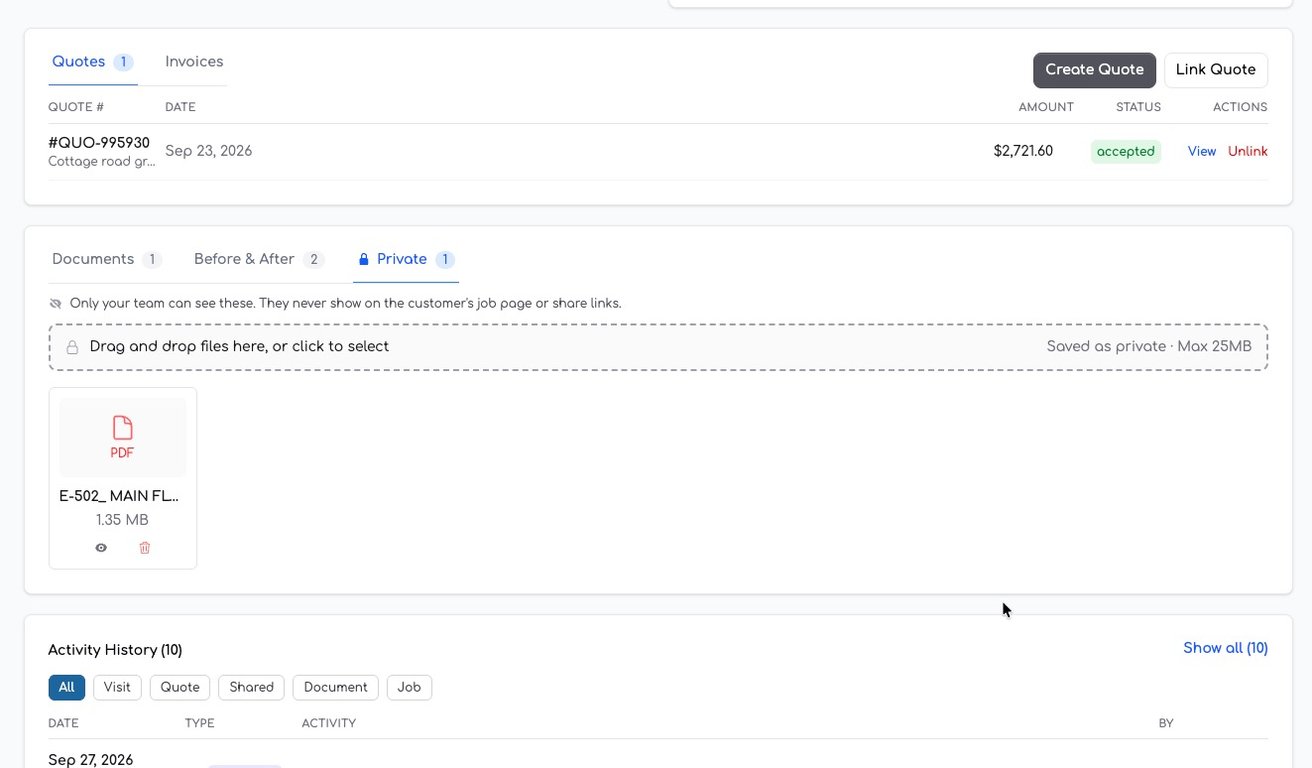 Job page showing the Private tab with a file upload area and an uploaded PDF