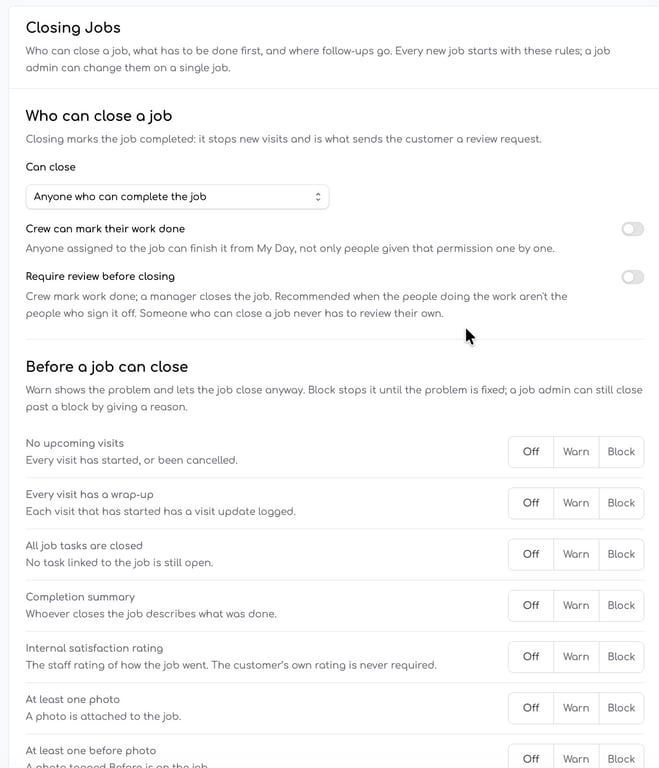 Jobs Settings page showing who can close a job and a list of pre-close checks set to Off, Warn, or Block