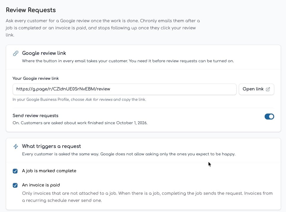 Review Requests settings screen with Google review link field and send toggle switched on