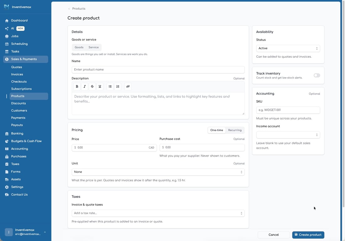 Redesigned create product form with Goods or Service type, pricing, taxes and availability sections