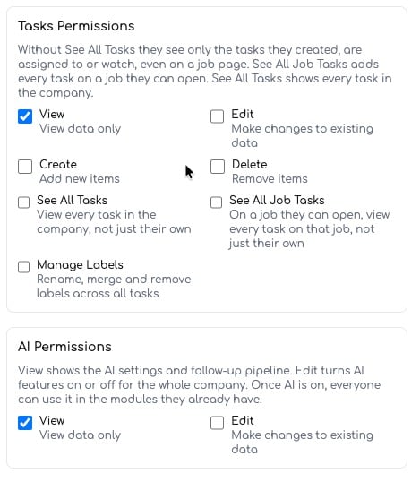 Tasks Permissions and AI Permissions settings panel showing View, Create, Edit, Delete, See All Tasks, See All Job Tasks and Manage Labels checkboxes