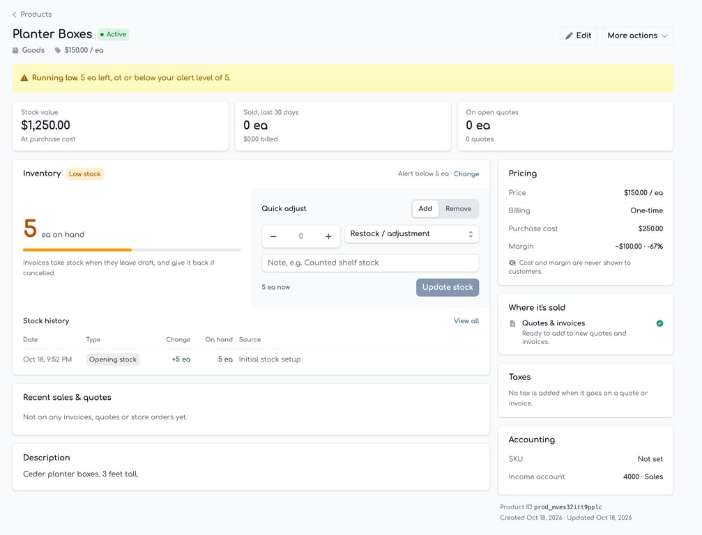 Redesigned product page showing on-hand stock, quick adjust controls, pricing and stock history