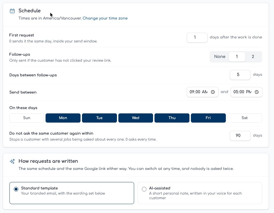 Schedule settings showing first request timing, follow-up count, send window and days between repeat asks