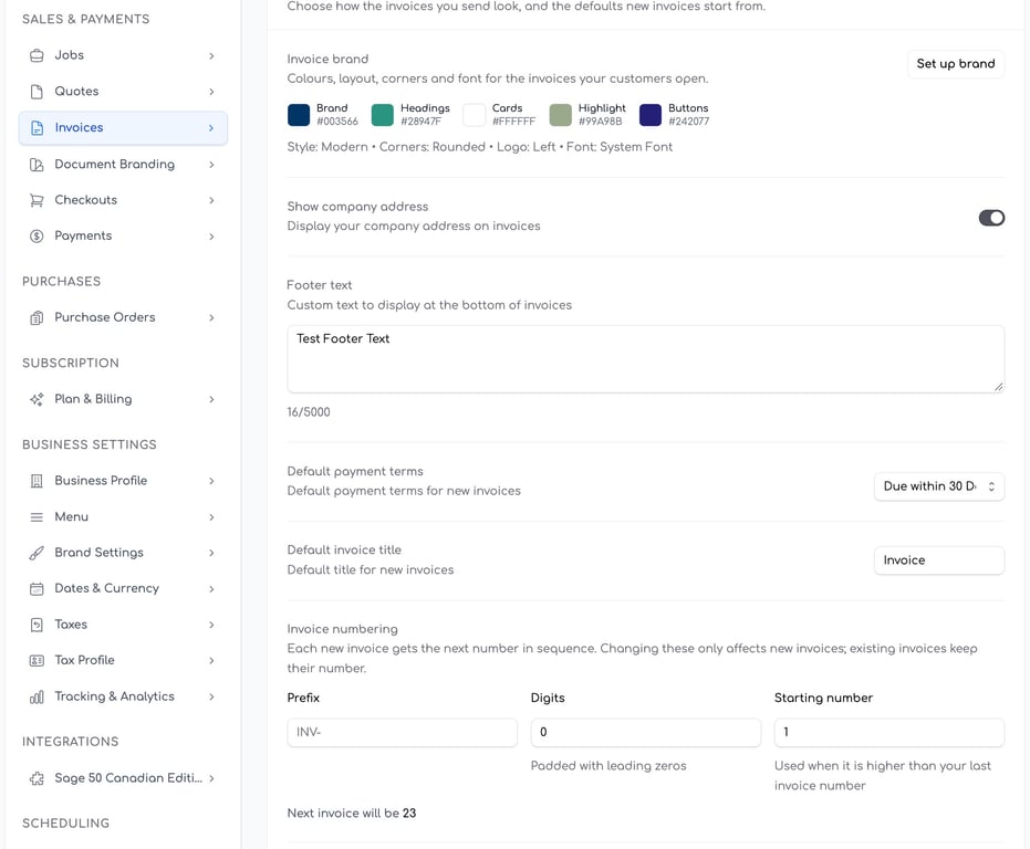 Invoice numbering settings showing prefix, digit padding, and starting number fields