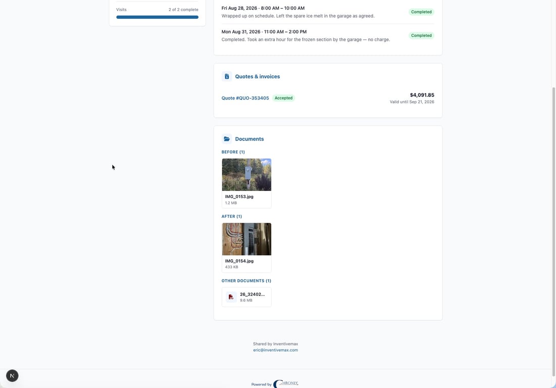 Job share link showing Before and After photo sections with a photo listed under each