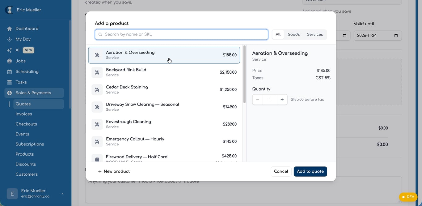 Add a product dialog on a quote showing a searchable list of products with price, quantity, and tax details