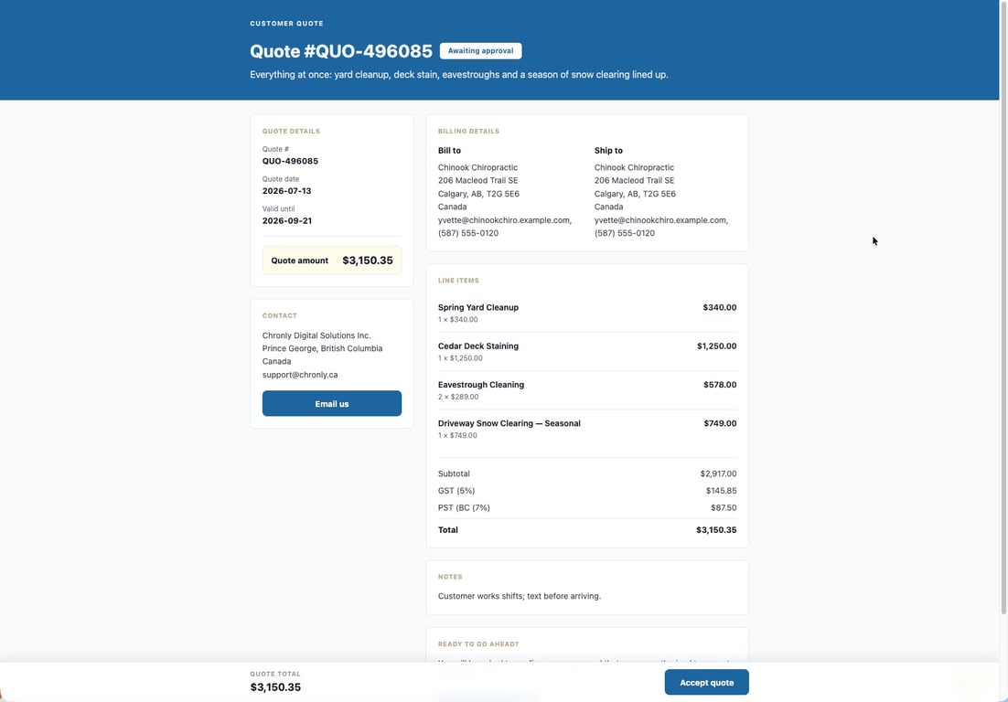 Customer-facing quote shown in the modern document style with a blue header band