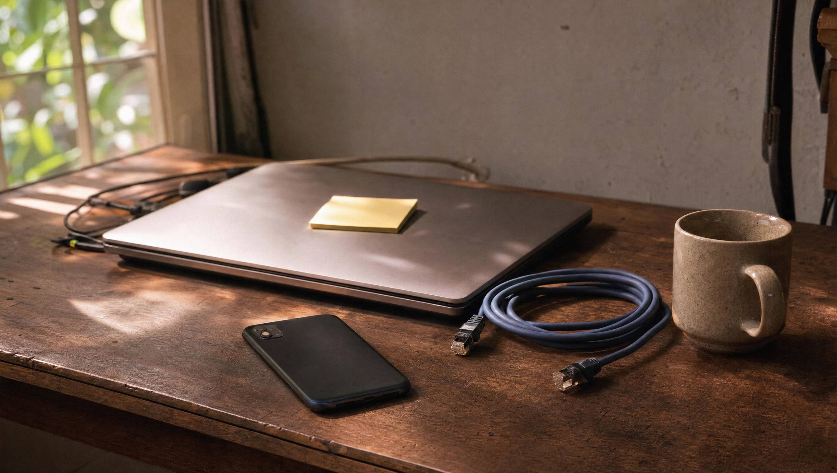 Notebook fechado com um lembrete colado, cabo de rede enrolado e caneca