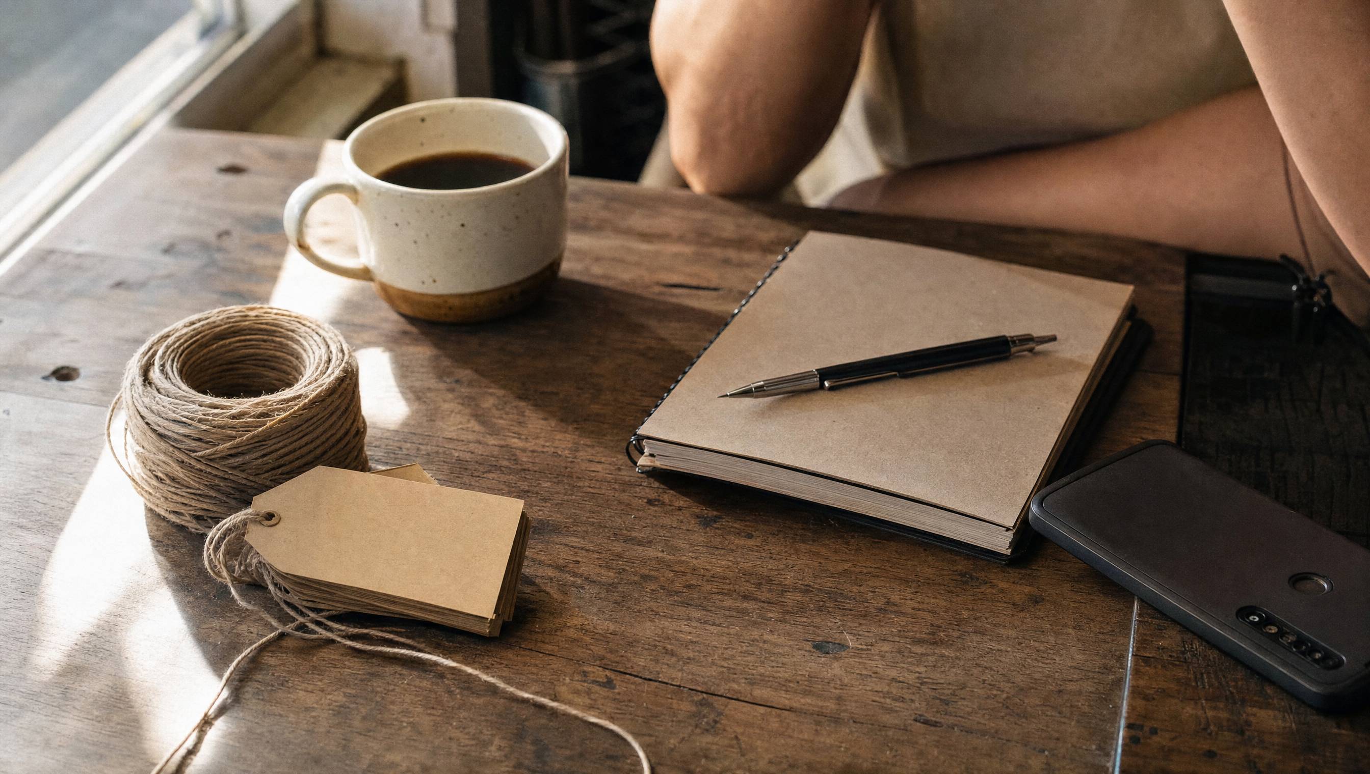 Etiquetas de papel com barbante, caderno e caneta sobre a mesa