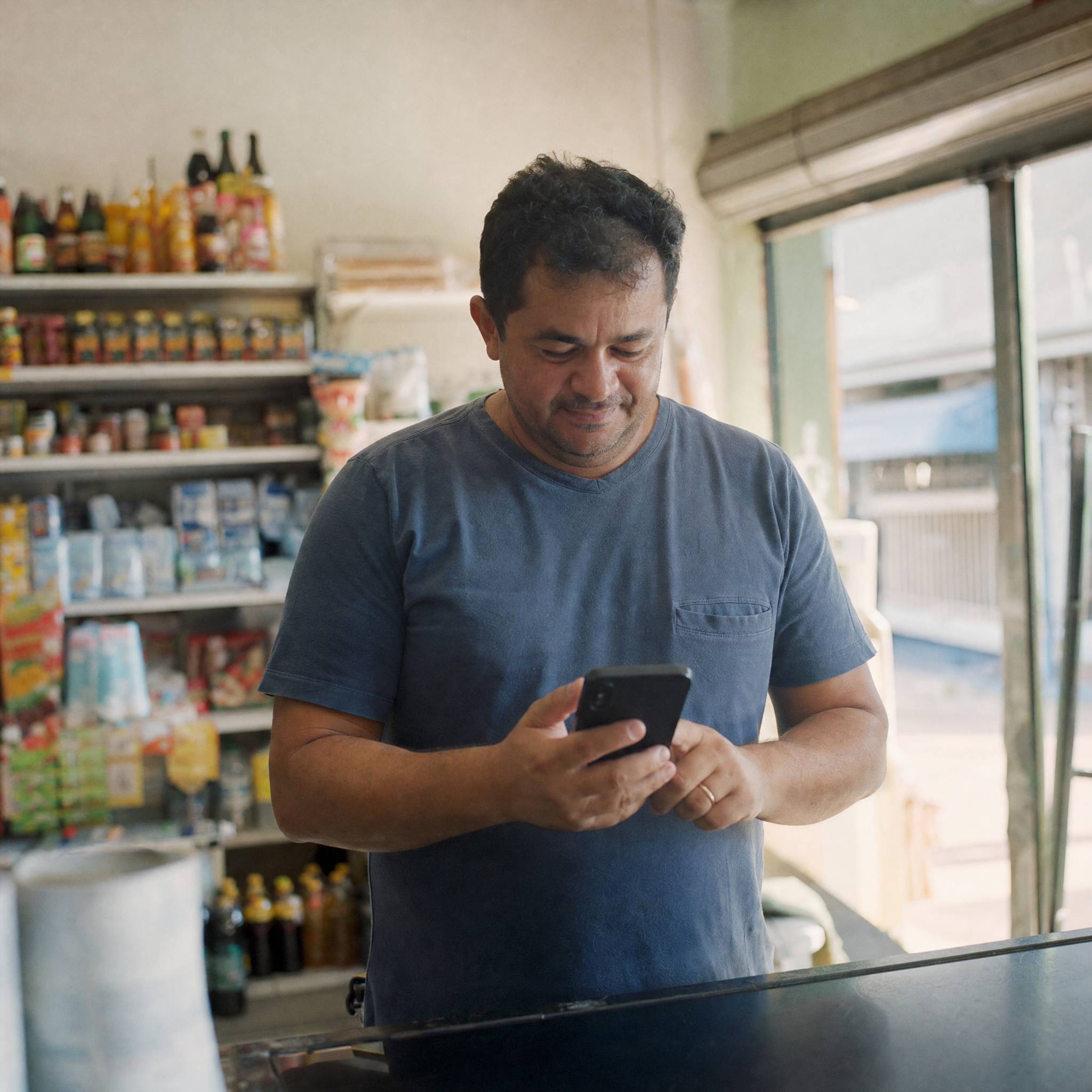 Dono de mercadinho conferindo o celular atrás do balcão, com a luz da manhã entrando pela porta