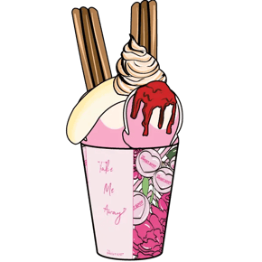 Churro Split with banana split ice cream, strawberries, banana, cherries, and chocolate-strawberry sauces.