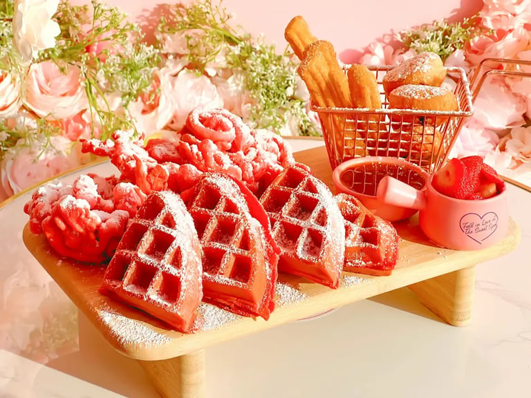 An assortment of waffles, churros, funnel cakes, and donuts. Fresh strawberries and a sauce. The sweet spot.