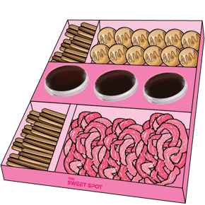 Charcuterie dessert box from The Sweet Spot featuring 12 mini donuts, 2 orders of churros, 3 mini funnel cakes, and caramel, strawberry, and NUTELLA® sauces.
