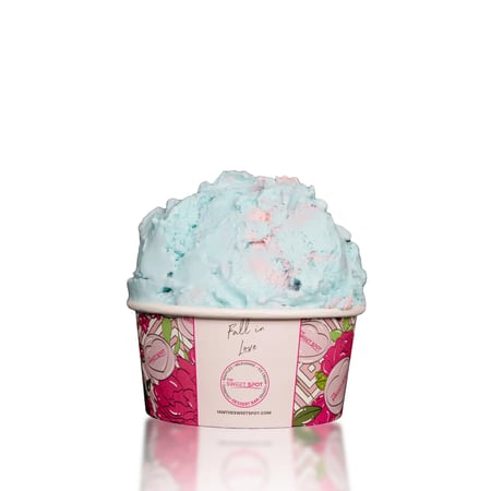 Pink cotton candy ice cream with mini chocolate chips.