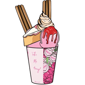 Cheesecake Bites churro with strawberry cheesecake ice cream, strawberries, and real cheesecake pieces.
