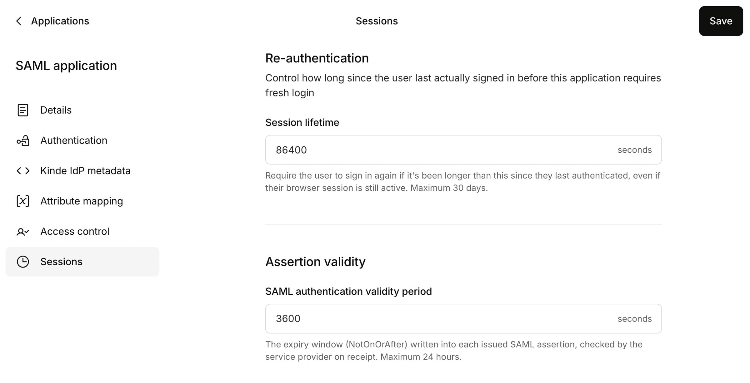 Sessions tab for a SAML application in Kinde