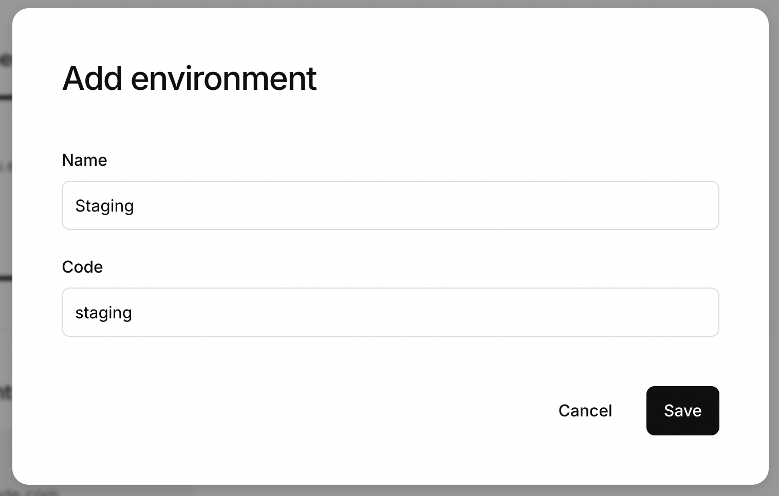 add new environment dialogue box