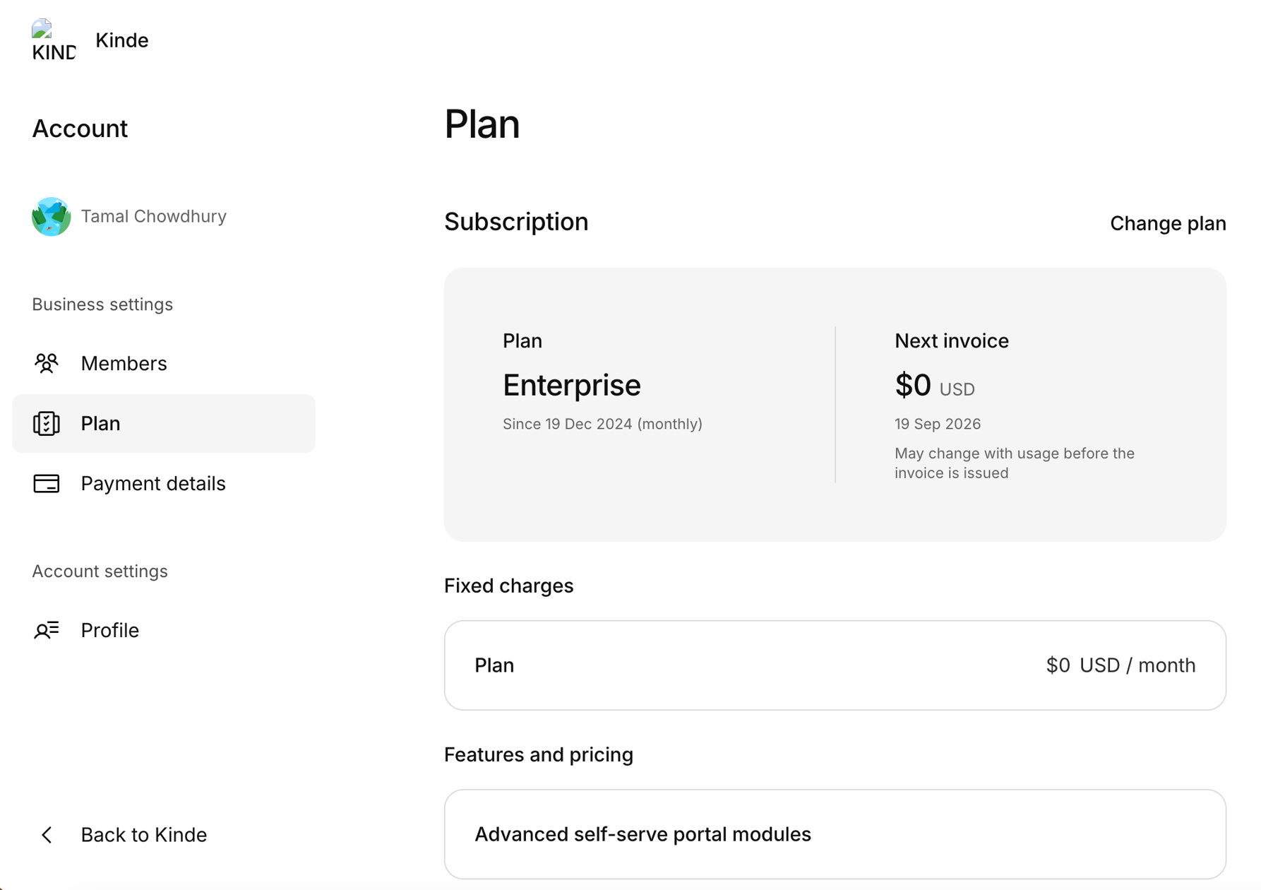 kinde plan settings page