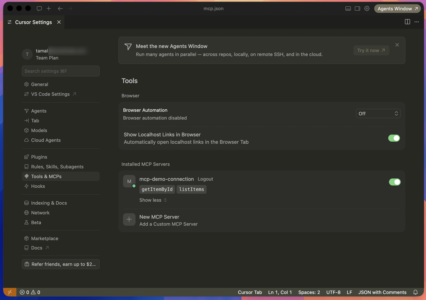 mcp server settings page in cursor