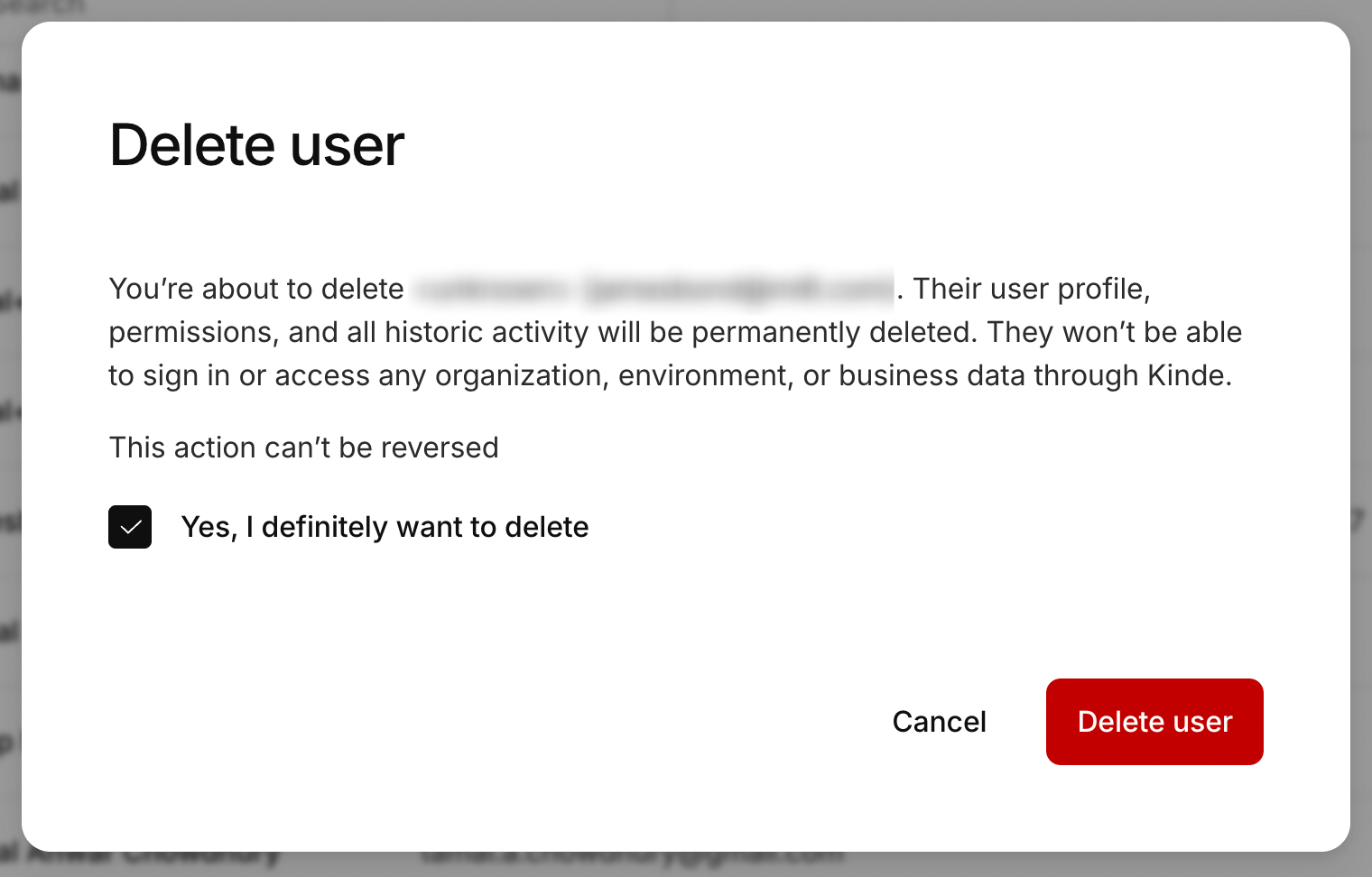 delete user popup in kinde
