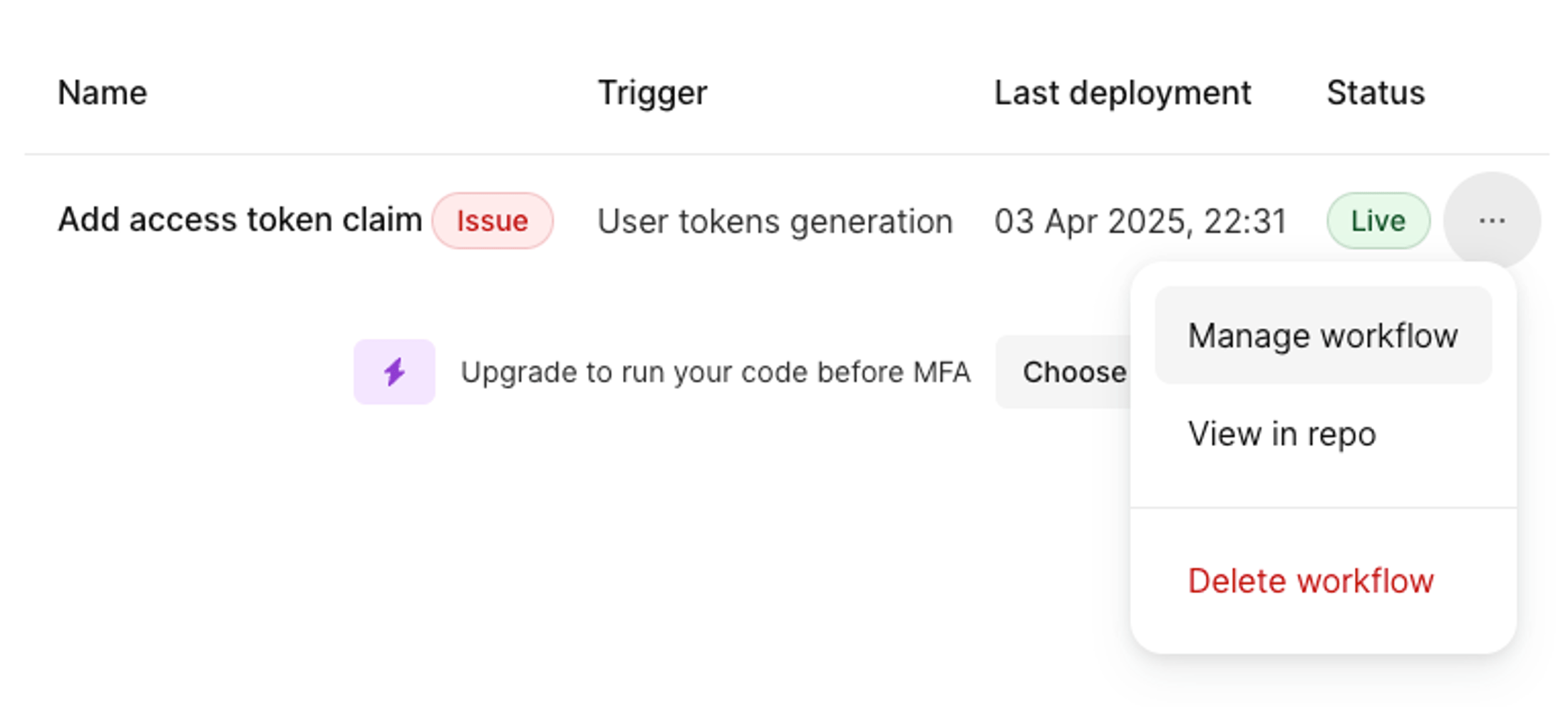Manage workflow menu options