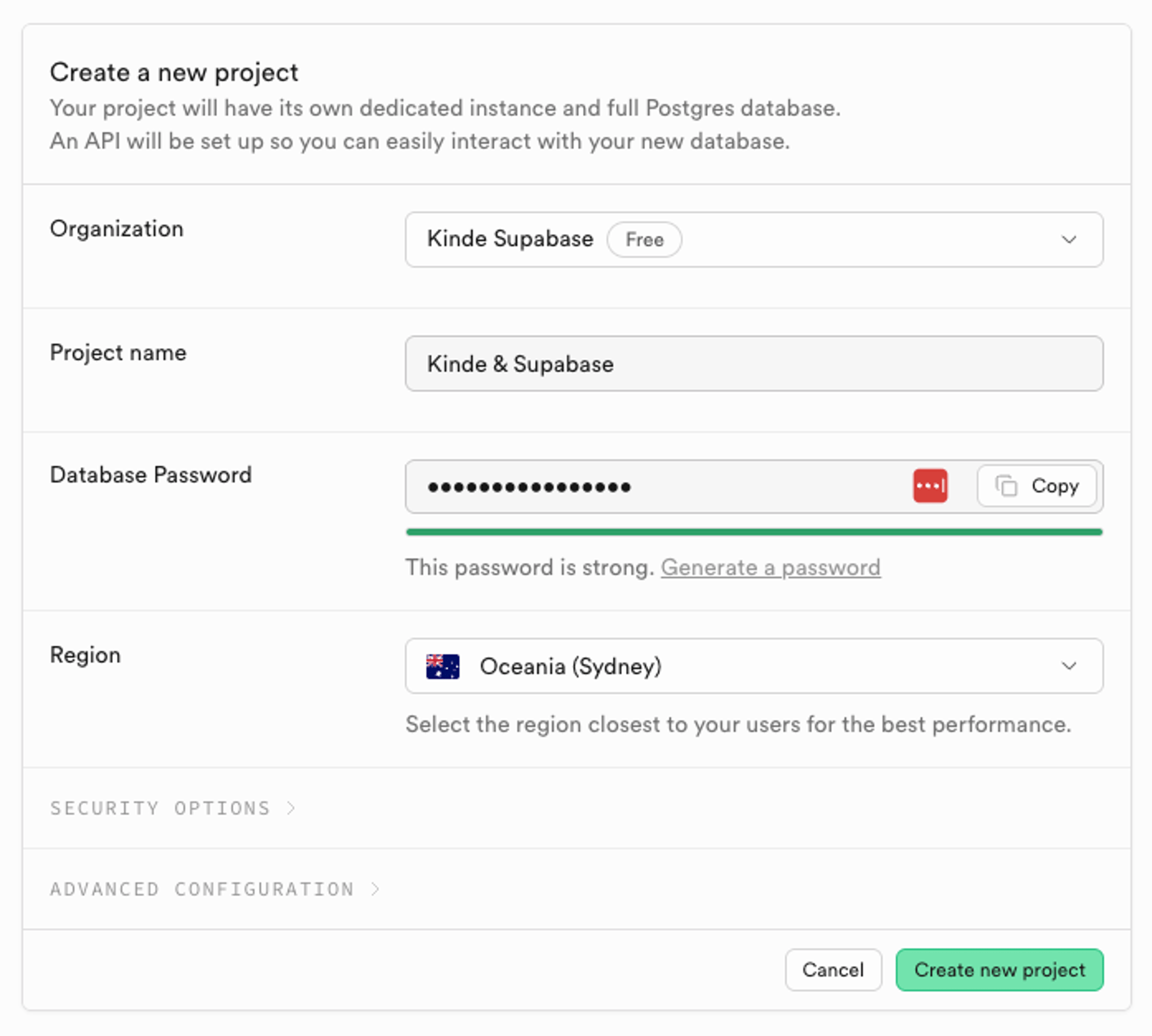 Create new project in supabase