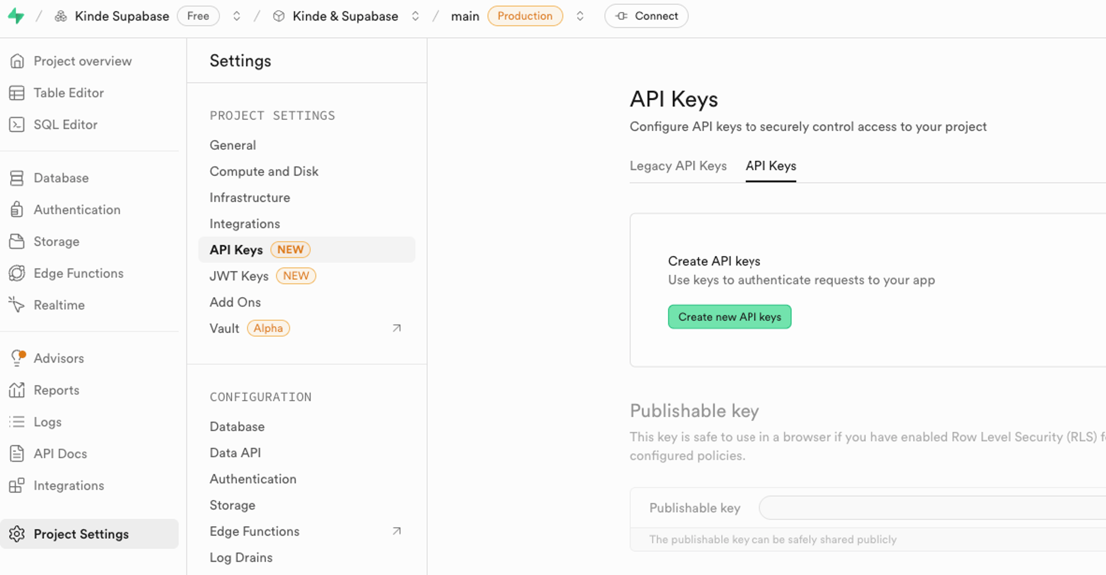 Supabase API keys page