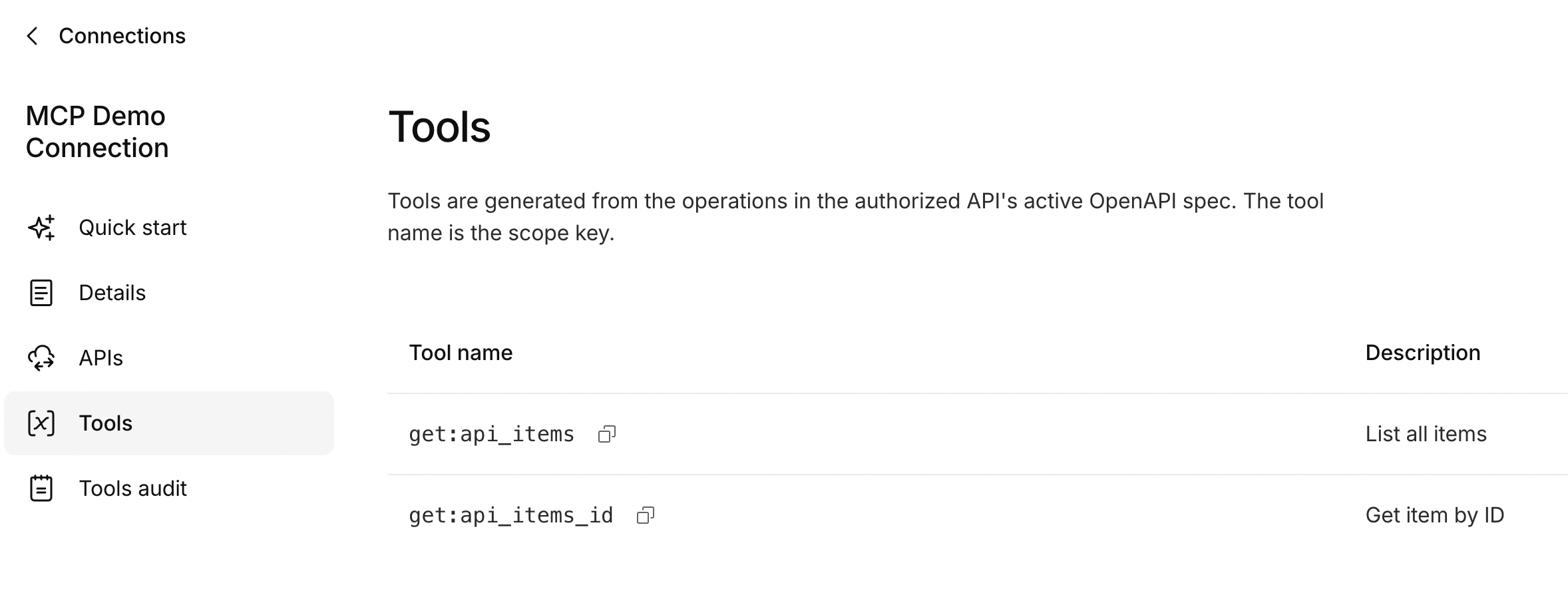 mcp connection tools page