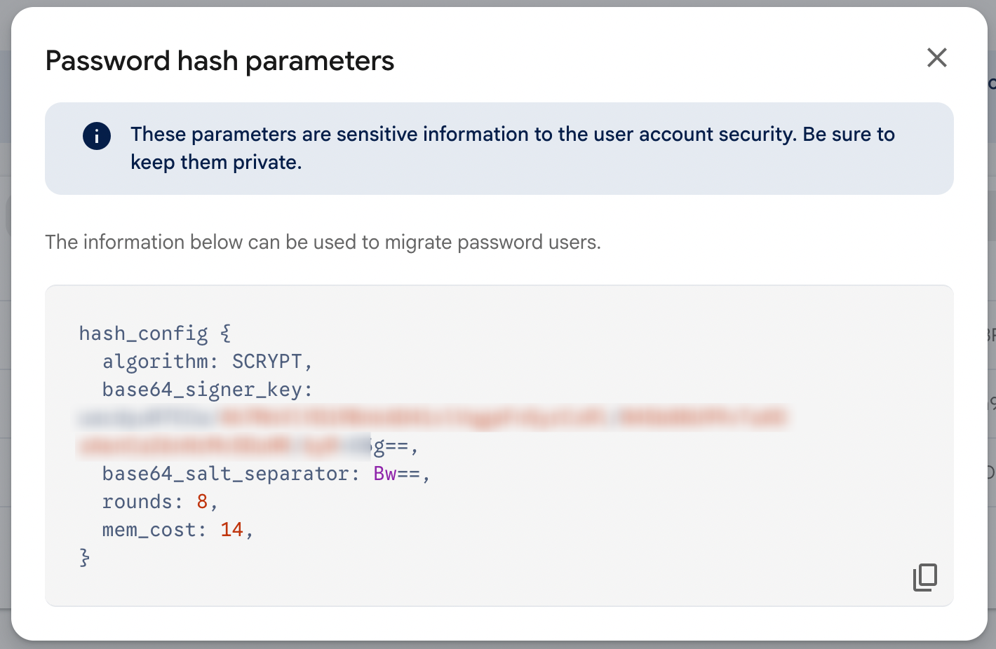 firebase password hash parameters dialog