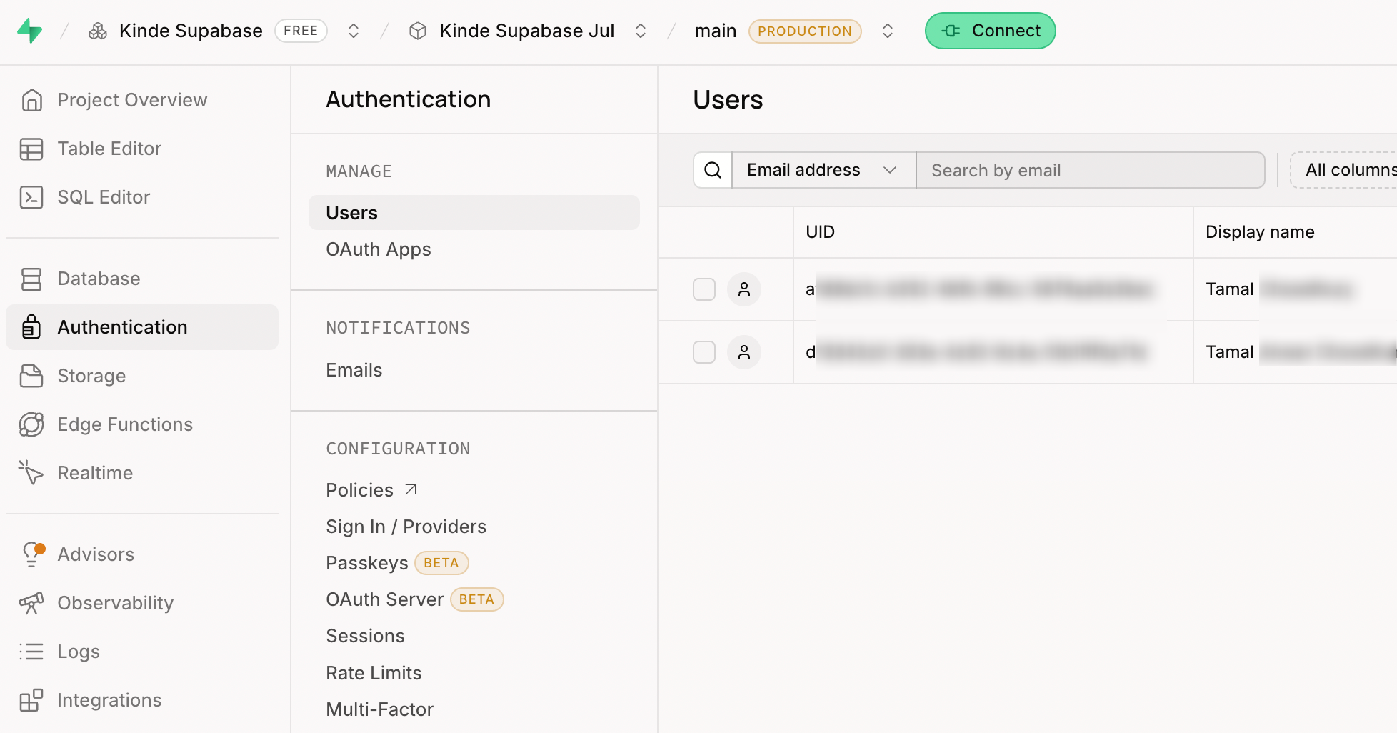 supabase kinde user management screen
