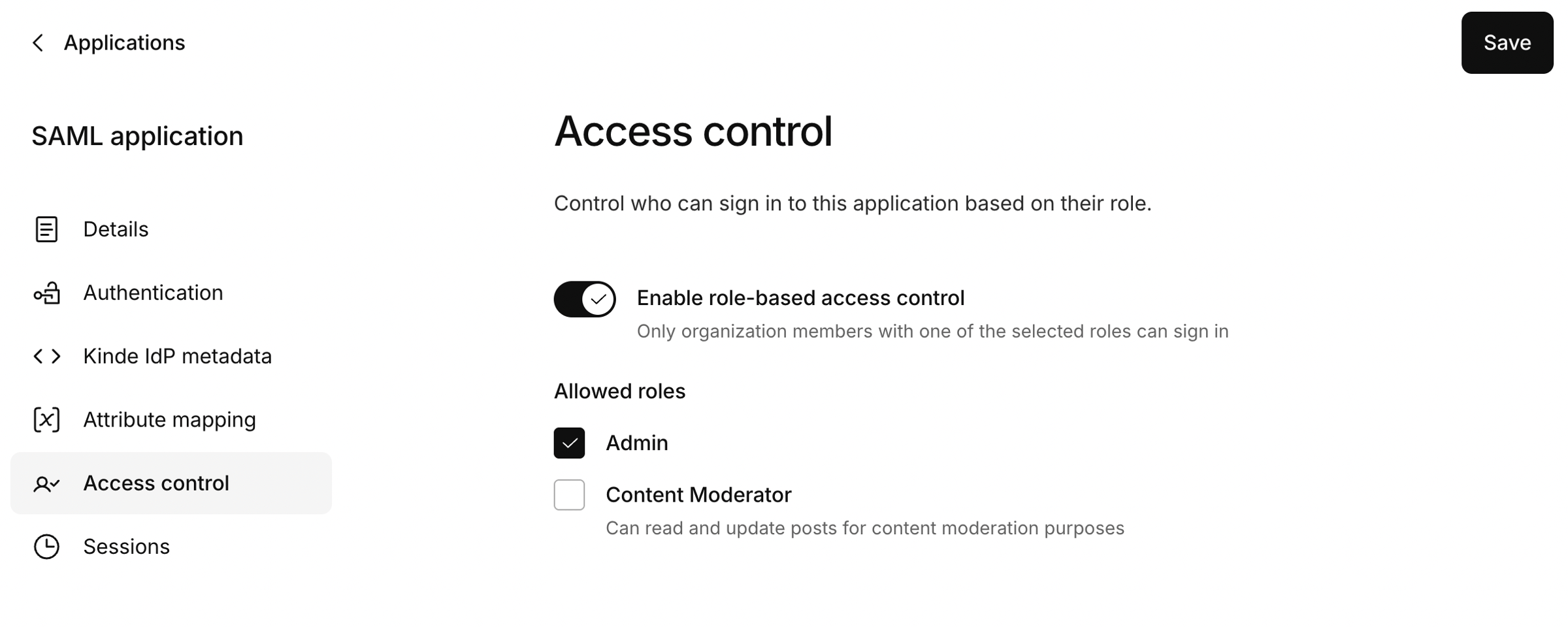 Role-based access control settings for a SAML application in Kinde