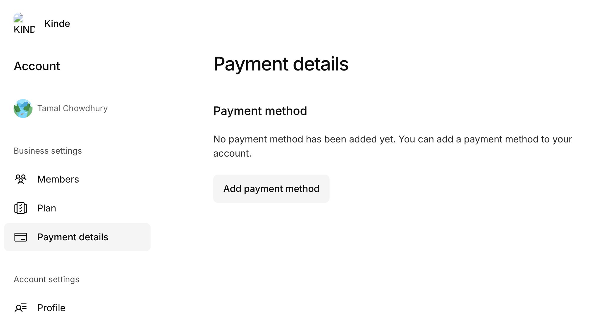 kinde add payment details page