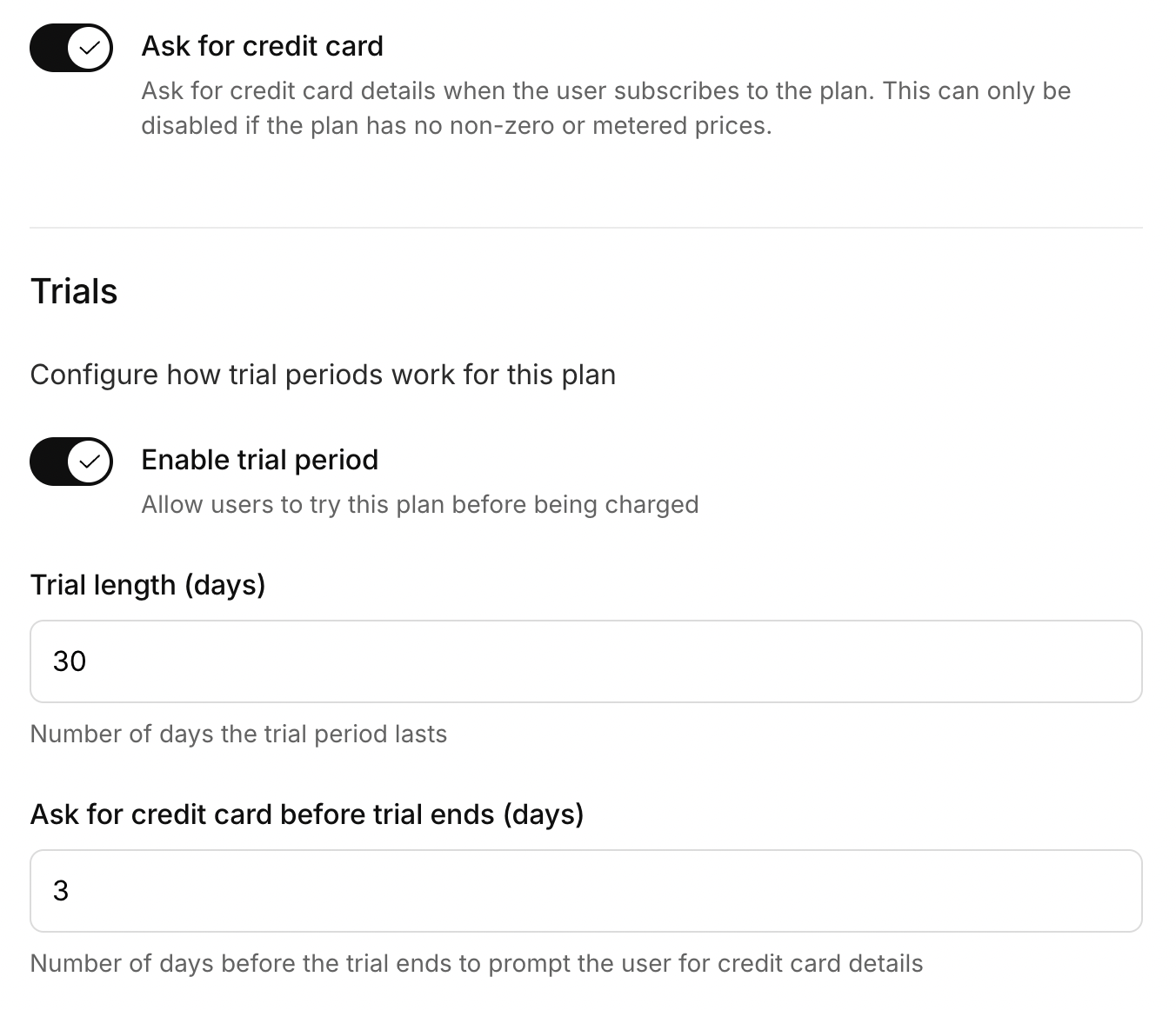 Trial period settings