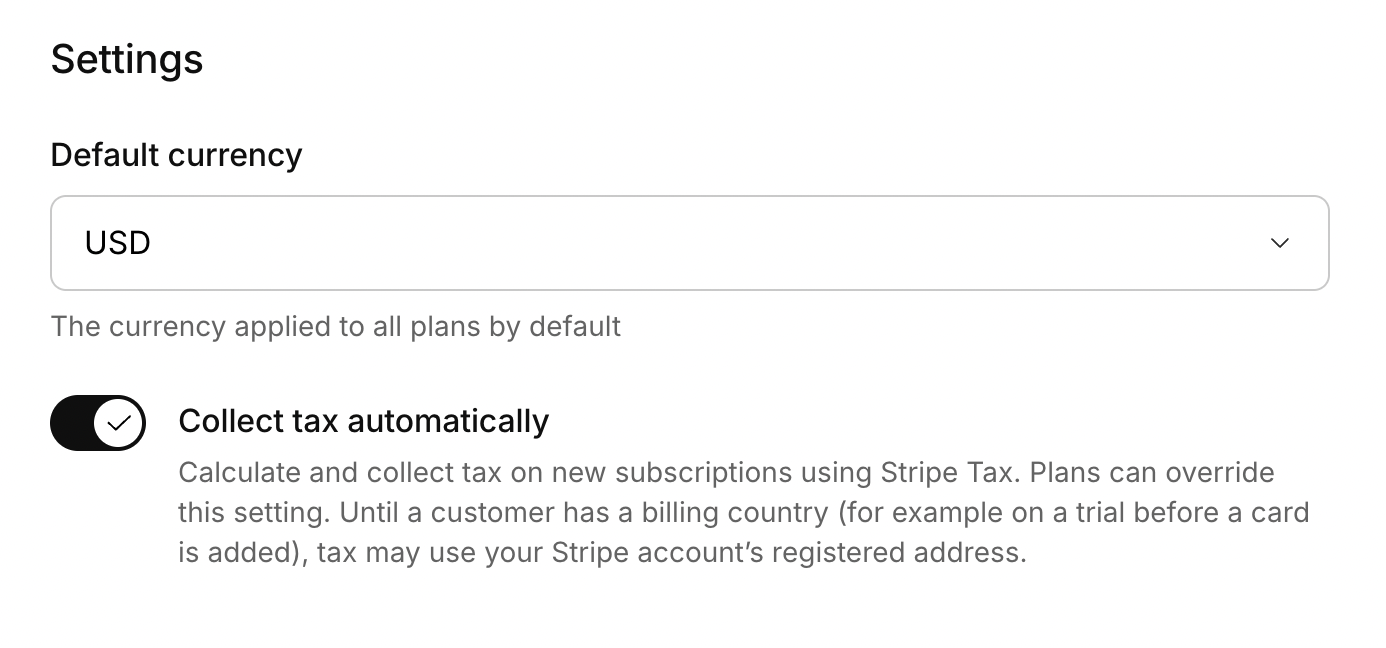 Collect tax automatically setting in Kinde