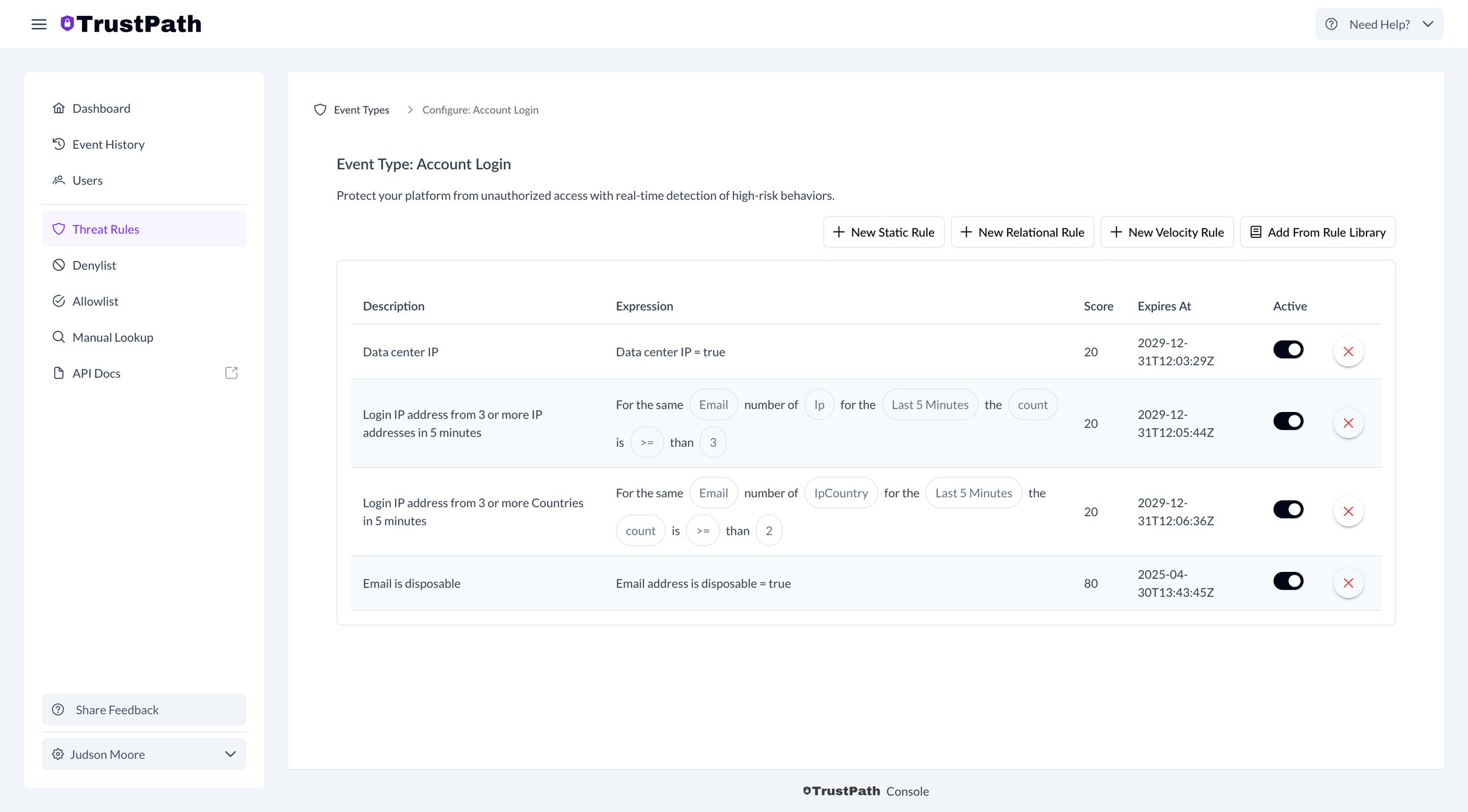 Event type rules in TrustPath