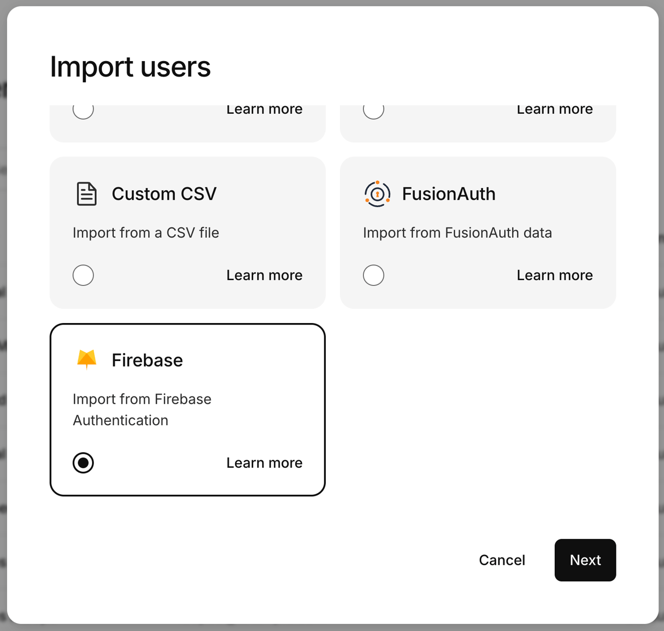 firebase import option in kinde import users screen