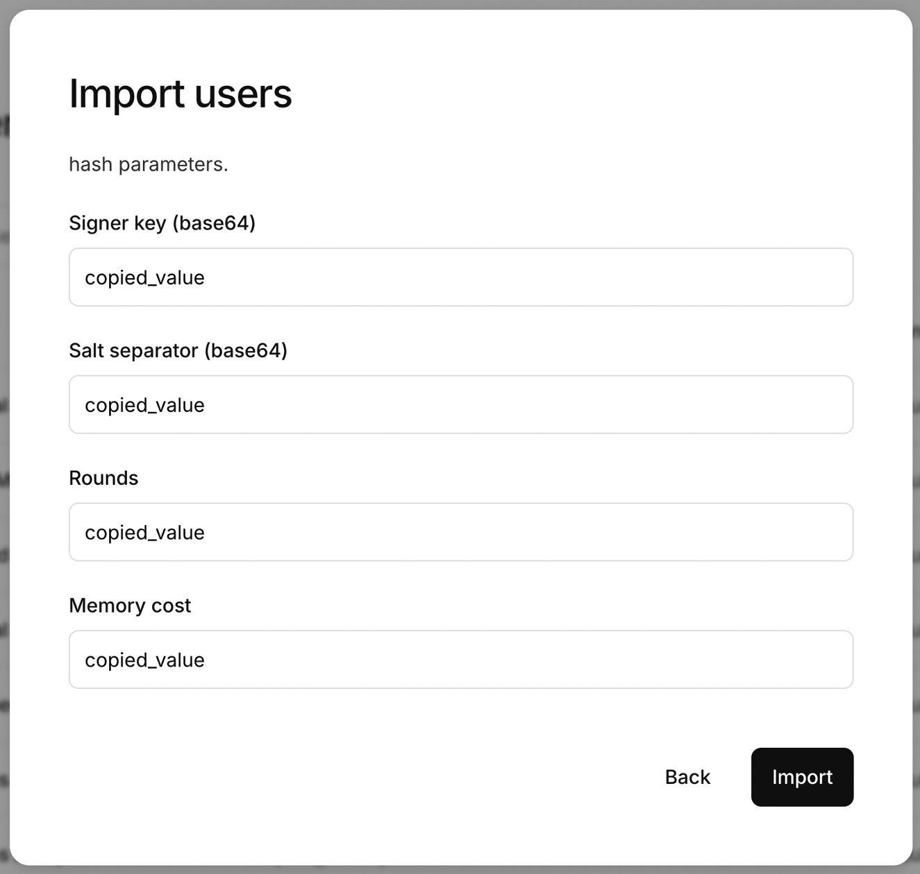 firebase password hash parameters form in kinde import confirmation