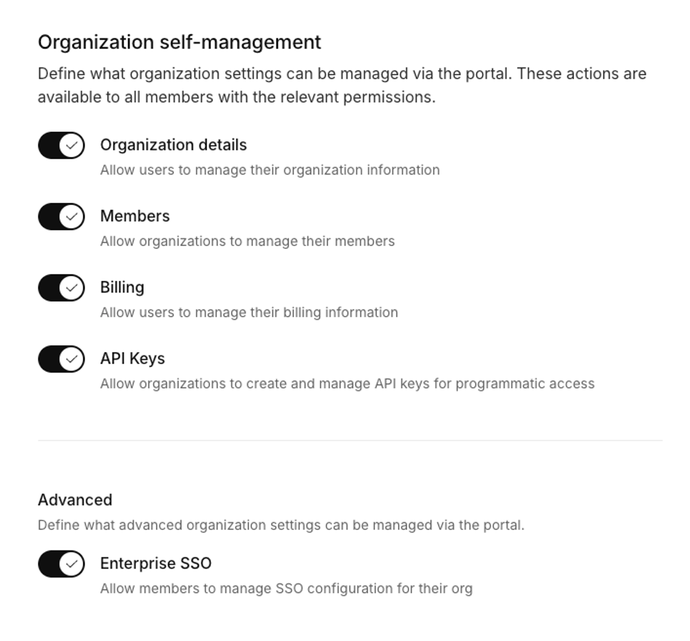 Options for showing hiding settings for org members