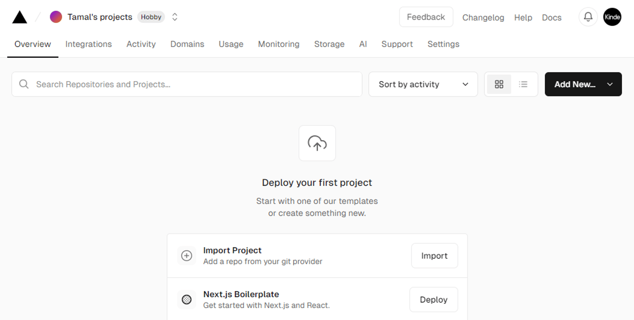 Shows new project screen in Vercel