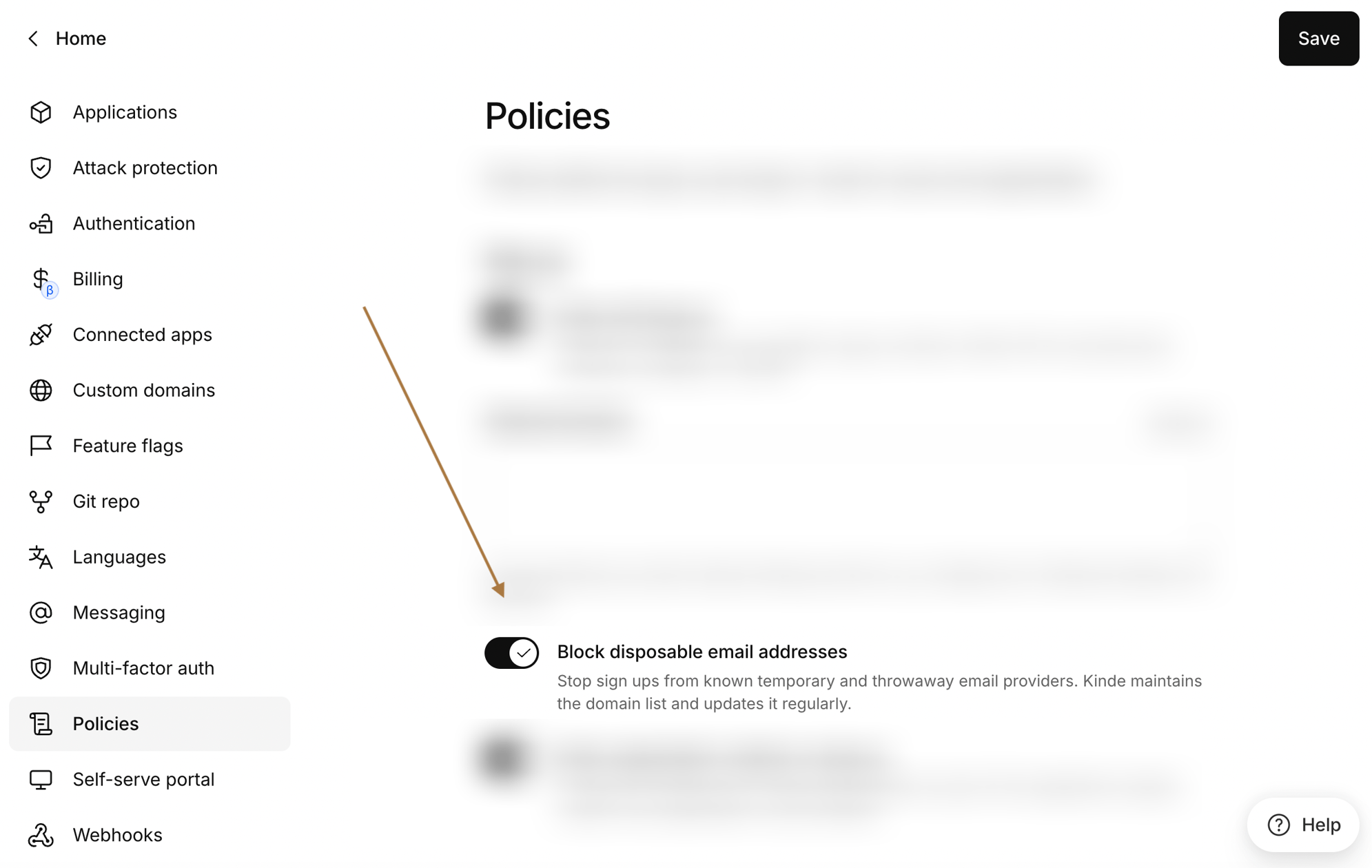 Kinde block disposable email addresses toggle